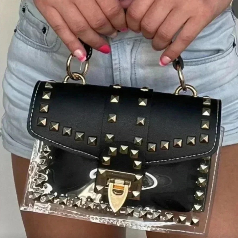 2 in 1 Black Studded Mini Crossbody clear with insert - Picture 7 of 8
